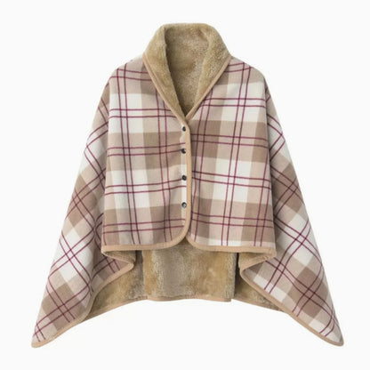 Plaid fleece wearable blanket poncho with button front