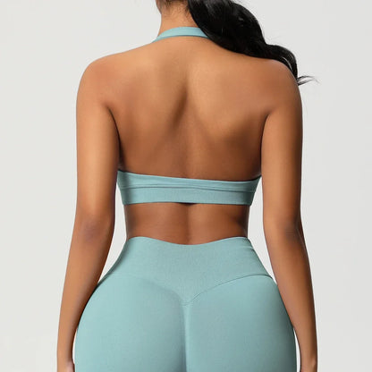 Women’s Seamless Halter Backless Push-Up Sports Bra Cotton-Poly For Gym Running