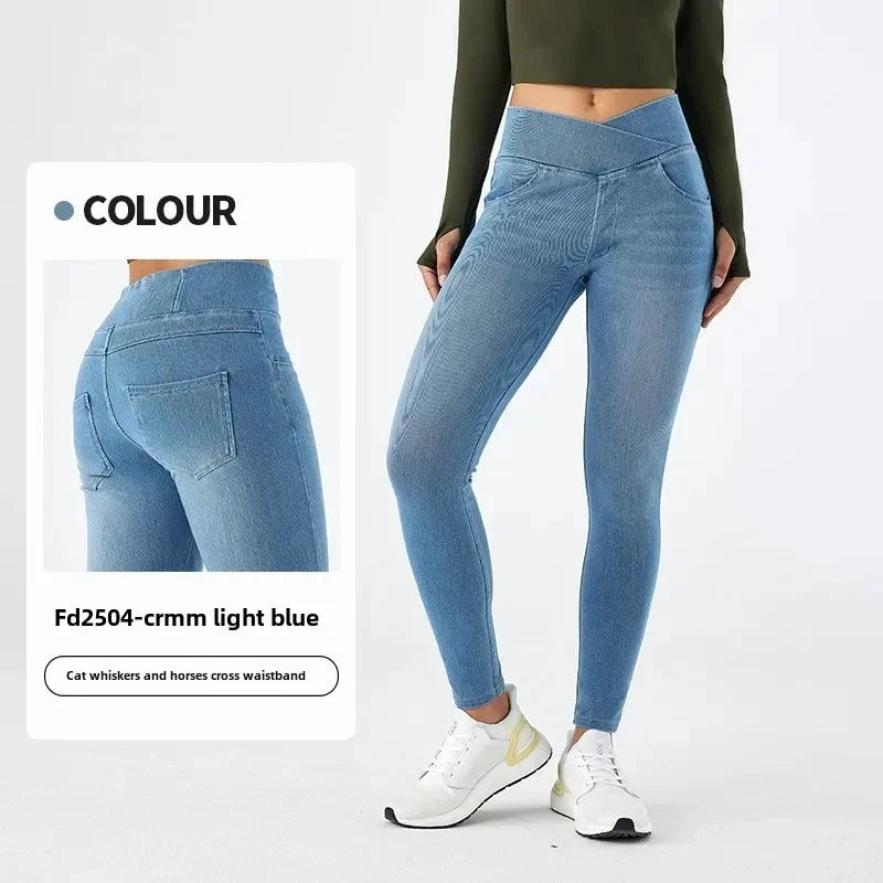 Cross Waist Yoga Jeans High Waist Skinny Ankle Length With Pockets