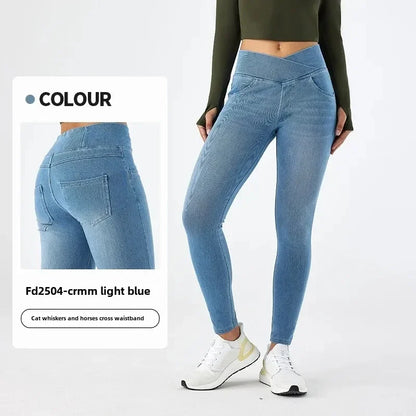 Cross Waist Yoga Jeans High Waist Skinny Ankle Length With Pockets