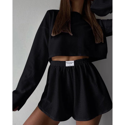 Soft Two-Piece Pajama Set with Long Sleeve Top and Shorts for Women