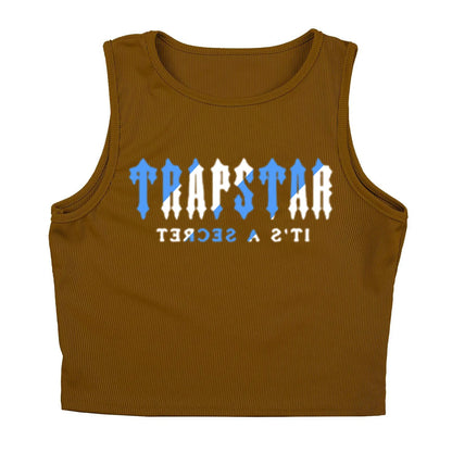 Brown ribbed knit tank top with blue and white letter print for casual everyday wear.