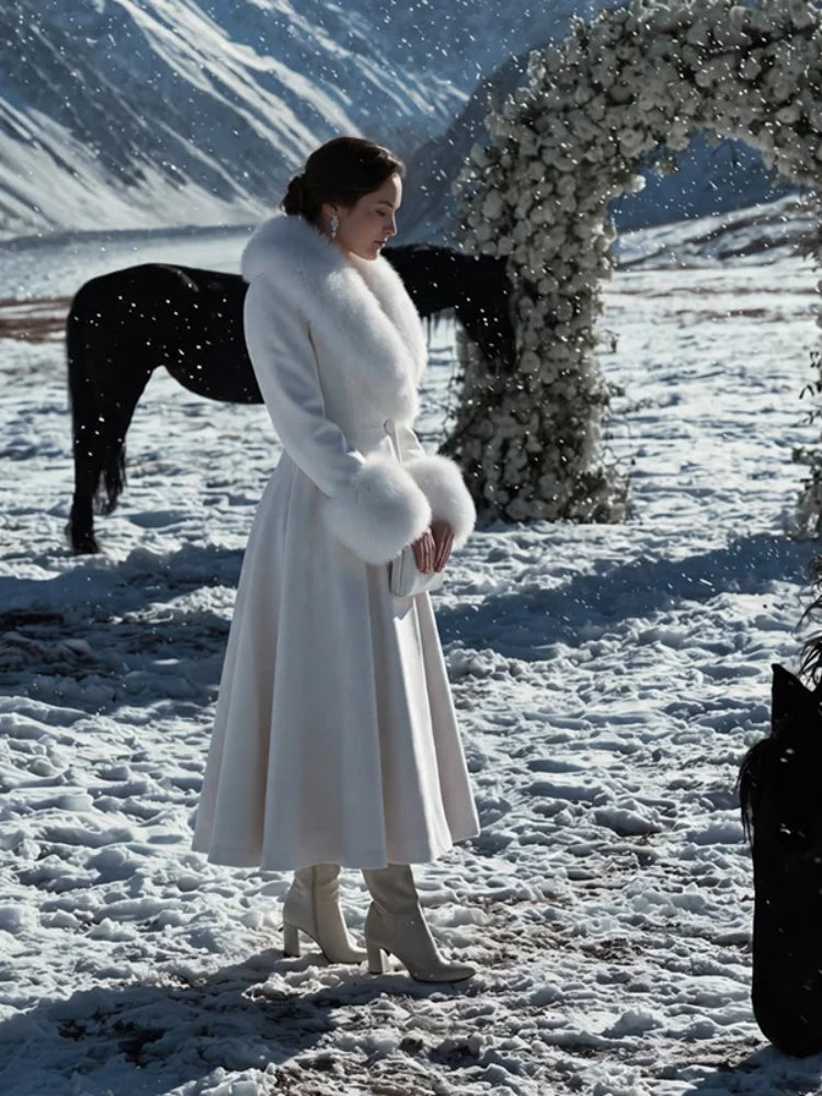 Women's wool-blend maxi coat with faux fur collar and cuffs