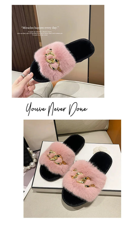 Plush Slippers for Women with Chain Detail and Cushioned Sole
