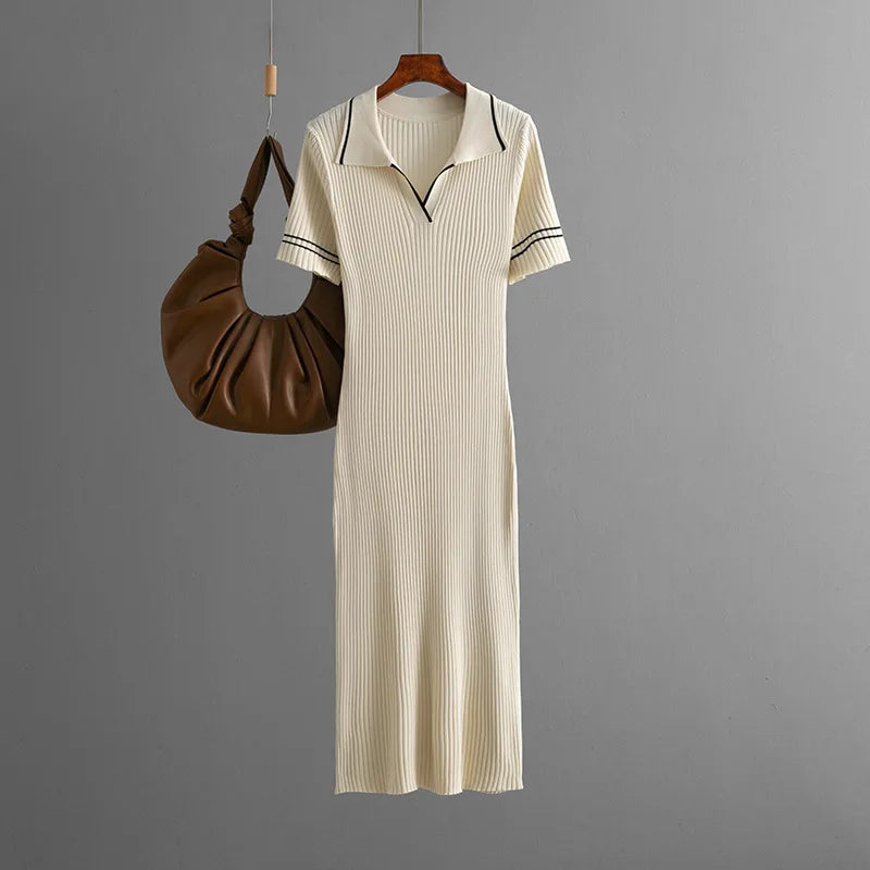 Polo-Neck Dress Knee-Length Office to Casual Wear Breathable