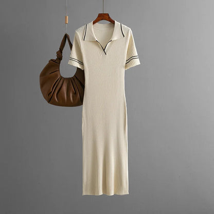 Polo-Neck Dress Knee-Length Office to Casual Wear Breathable