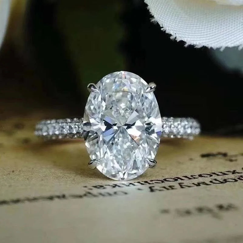 Oval Ring Sterling Silver Lab Diamond Center With Zircon Accents