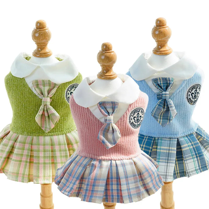 Knitted dog dress with a plaid skirt for everyday outings