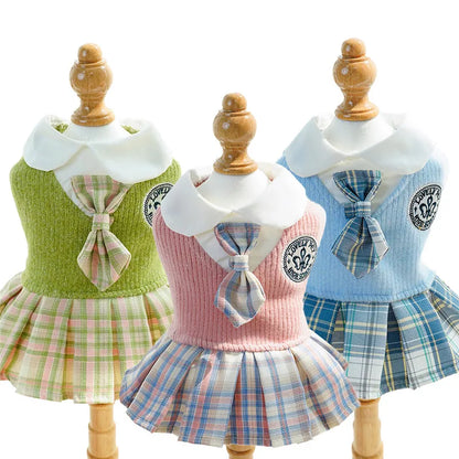 Knitted dog dress with a plaid skirt for everyday outings
