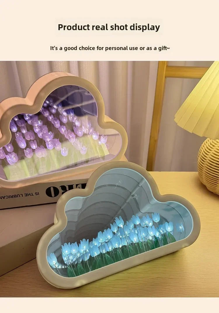 Cloud-shaped LED home decor with mirror panels and purple or blue tulip flowers for a desk.