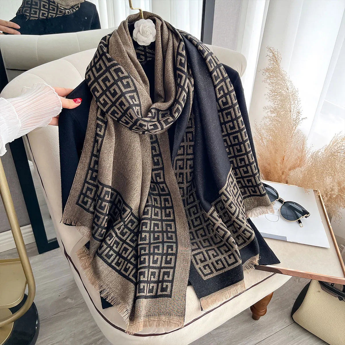 Sun-Protective Hijab Scarf with Golden Thread Accents for Styling