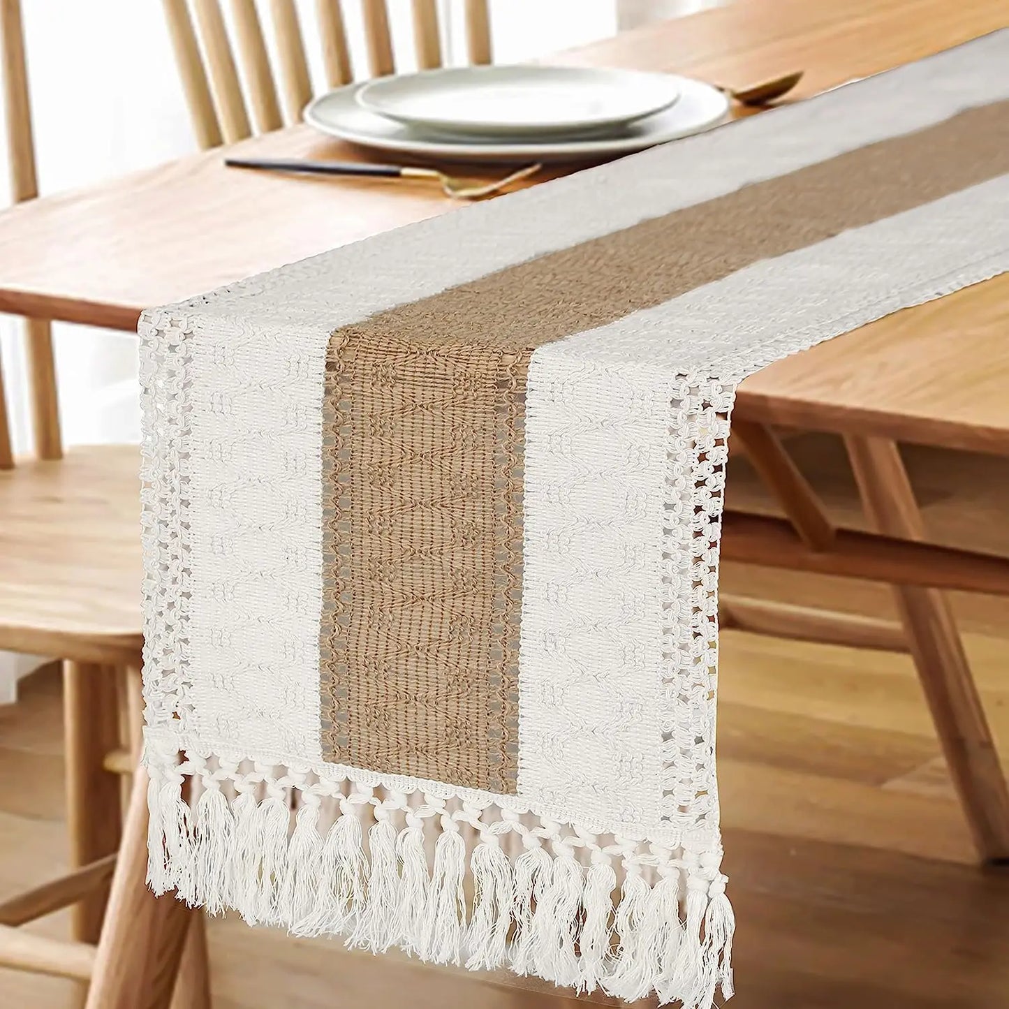 Rustic Burlap Table Runner with Crochet Lace Edge for Farmhouse Dining