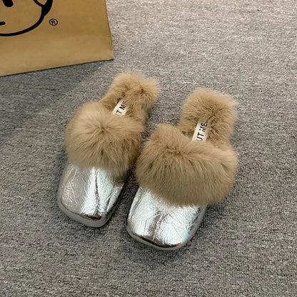 Women's Autumn/Winter Outdoor Wear New Style Flat Bottom Fur Slippers One Foot Drag No Heel Mule Fur Slippers Adult Simple