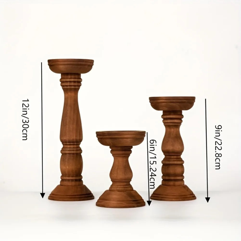 Wooden pillar candle holders trio for table centerpiece with varied heights