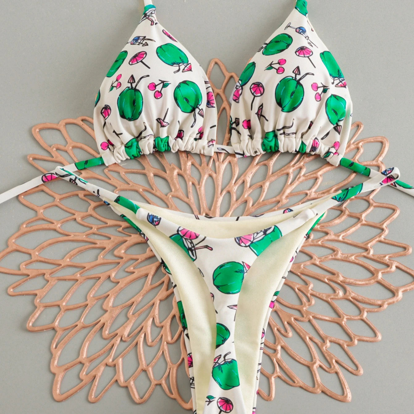 Women's Triangle Lace-Up Bikini Set with Adjustable Straps and Thong Bottom