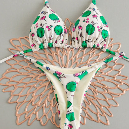 Women's Triangle Lace-Up Bikini Set with Adjustable Straps and Thong Bottom