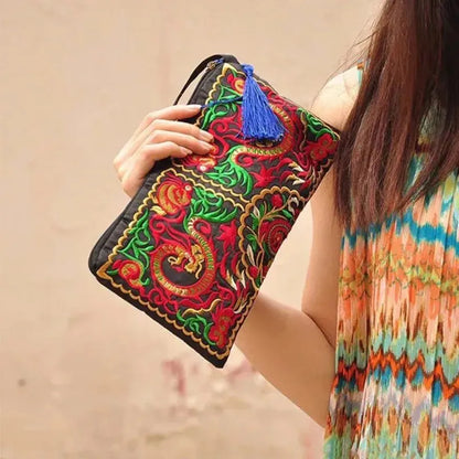 Retro Style Square Purse Ethnic Style Phone Clutches Floral Embroidered Bag Zipper Storage Bag Flower Fabric Clutch Bag