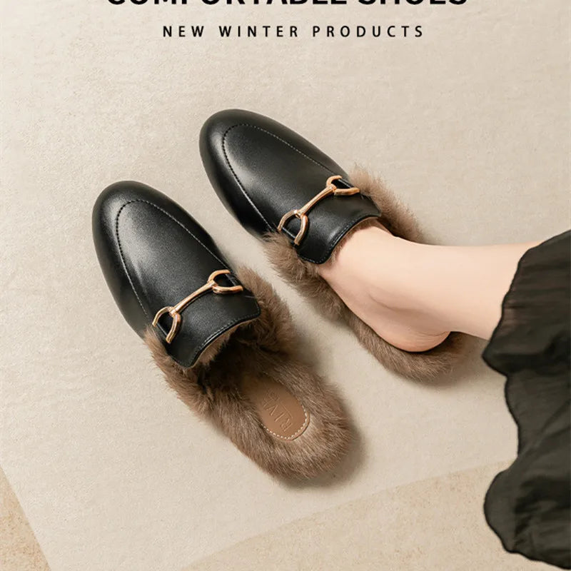 Womens Luxury Metal Chain Fur Mules