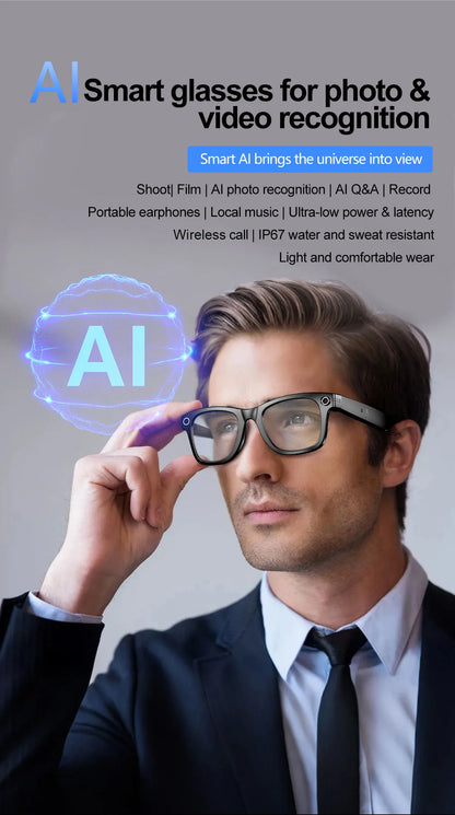 Smart Glasses  Recording Videos AI Photo Recognition Answer Translation 260mAh Large Battery IP65 Waterproof Bluetooth Glasses