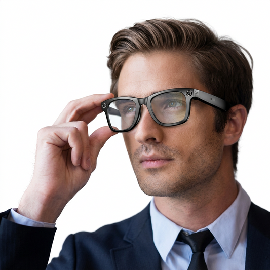 Merch Gone Viral AI Translation Smart Glasses with Integrated Camera, black frame worn by a man in a suit