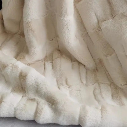 Faux fur throw blanket with double-layer Raschel knit