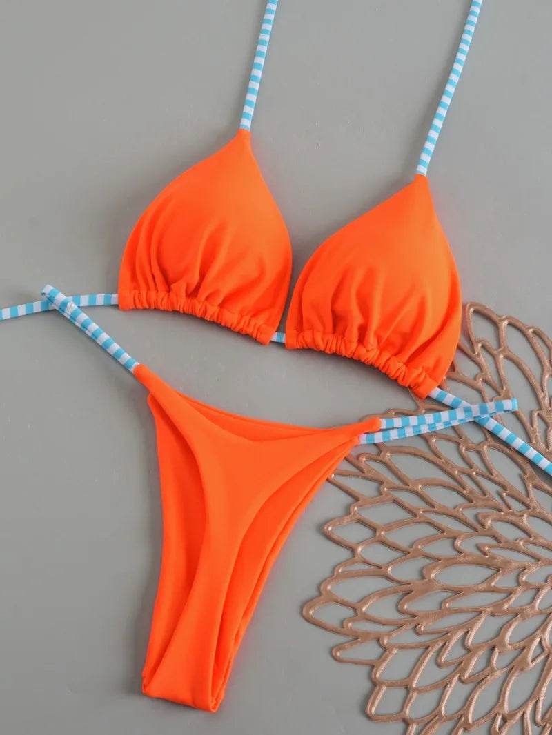 Women's Triangle Lace-Up Bikini Set with Adjustable Straps and Thong Bottom