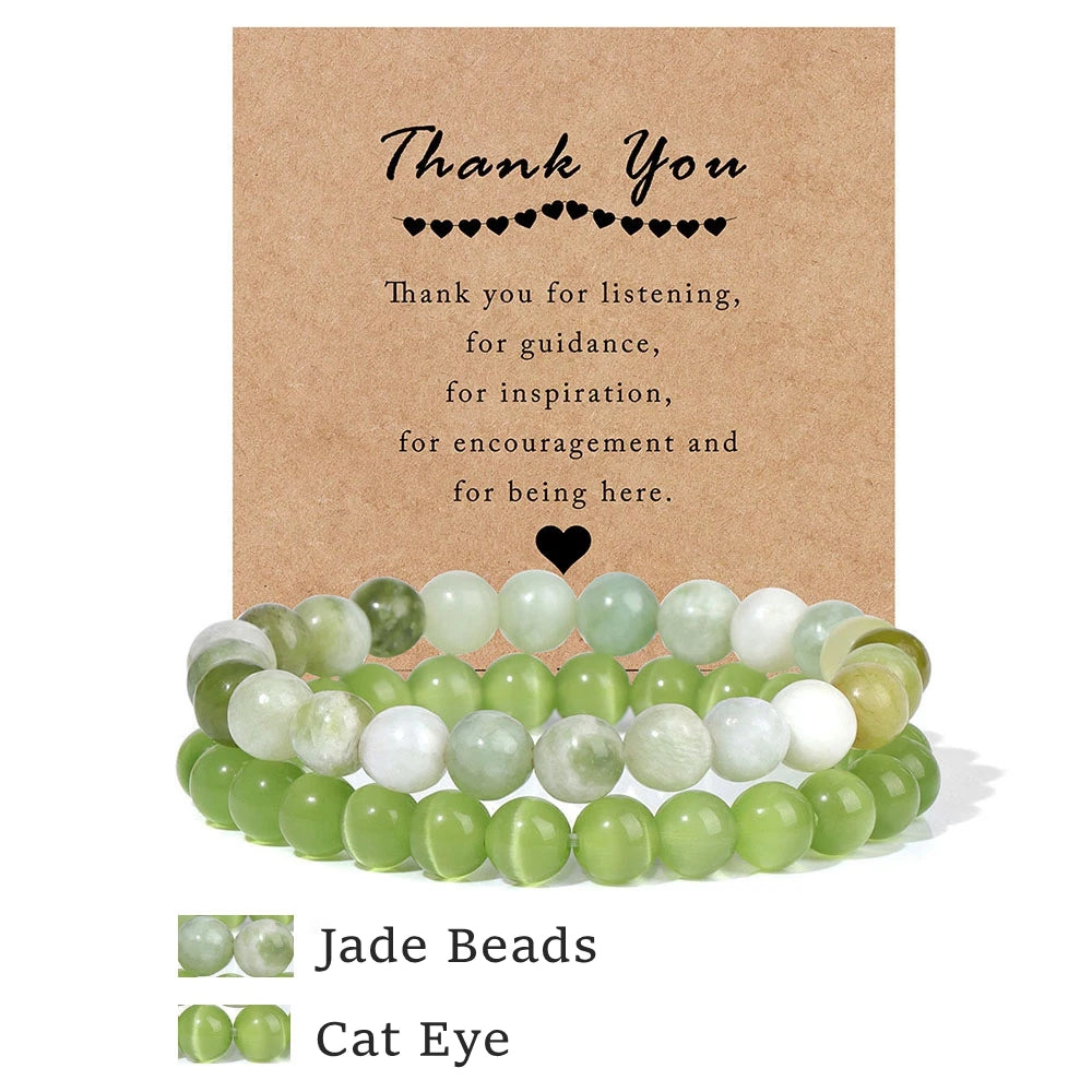 Beachwear Style Bracelet Set for Couples with Natural Amethyst Cat Eye Beads and Gift Card