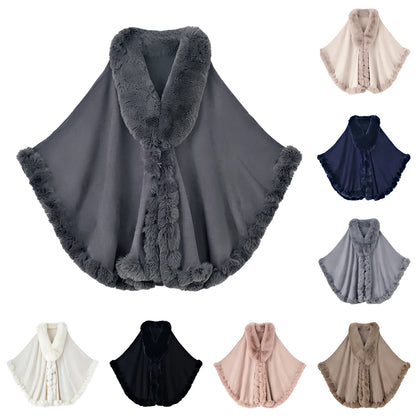 Women Faux Fur Neck Winter Poncho Overcoat Cape Thick White Black Warm Shawl Cloak Big Pendulum Cardigan Loose Coat