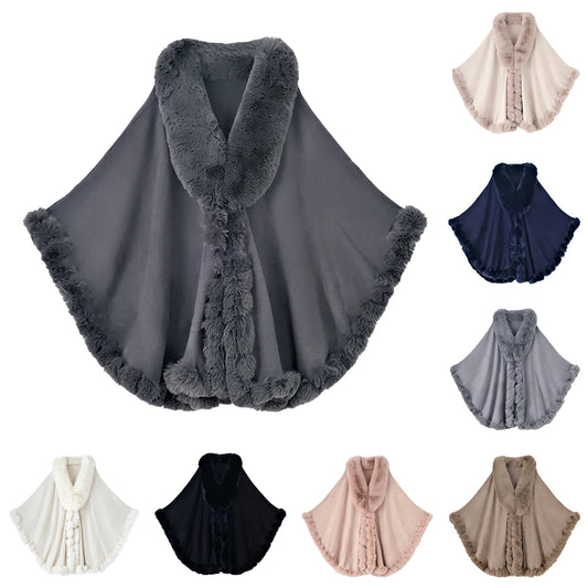 Women Faux Fur Neck Winter Poncho Overcoat Cape Thick White Black Warm Shawl Cloak Big Pendulum Cardigan Loose Coat