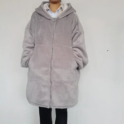 Unisex Fleece Hoodie Sweatshirt Blanket With Front Zipper And Deep Pockets In An Oversized Wearable Design