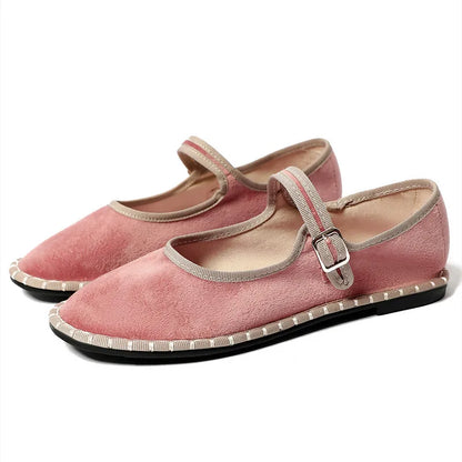 Women's floral-lined Mary Jane flats with buckle strap