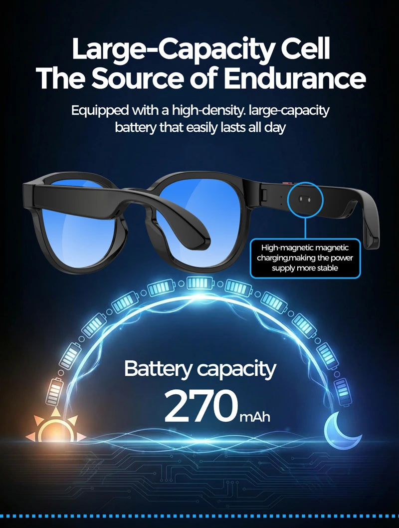 Black lightweight smart wearables with blue lenses and magnetic rechargeable charging for all-day use.