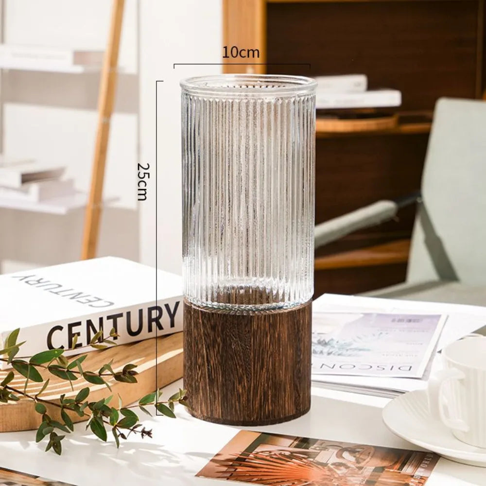 Crystal Glass Vase With Solid Wood Base In Modern Style With Slim Profile For Centerpiece Display