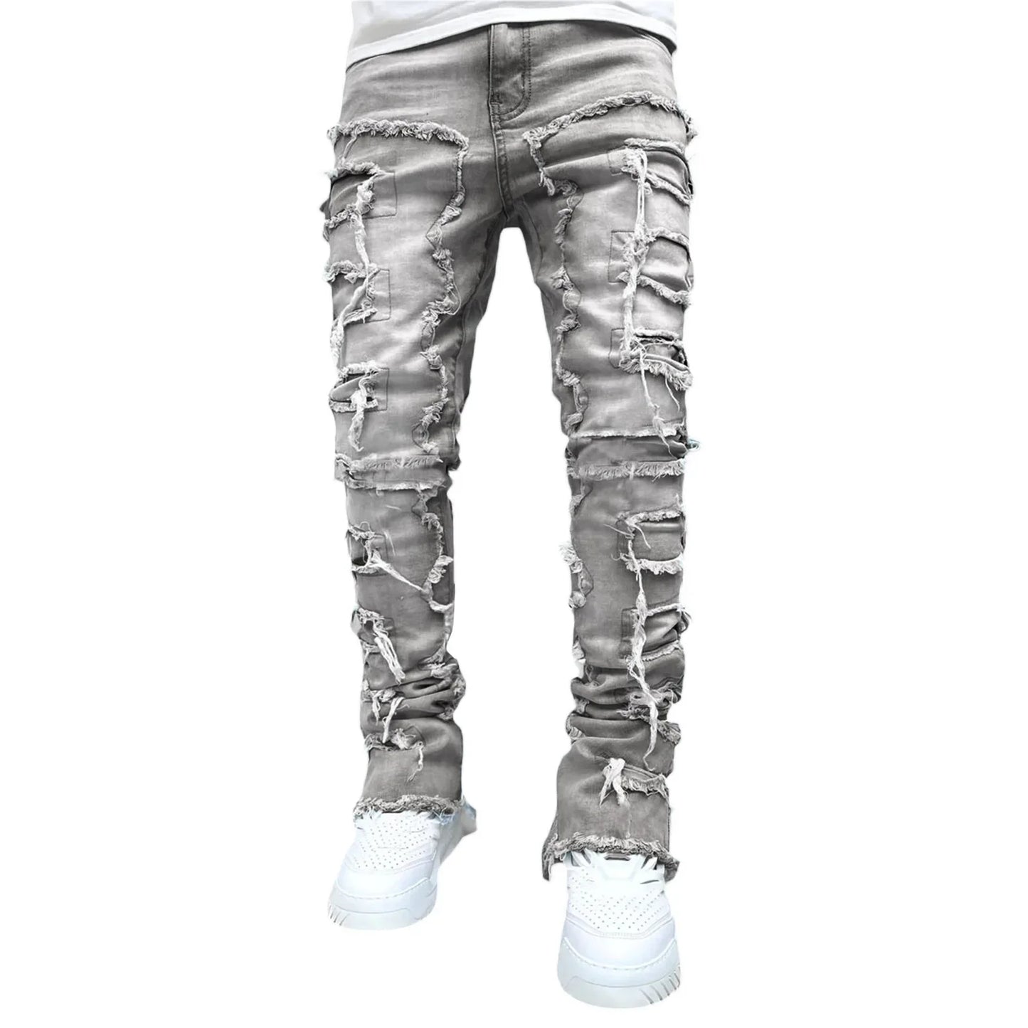 Grey distressed slim straight fit jeans with frayed ripped detailing for casual wear.