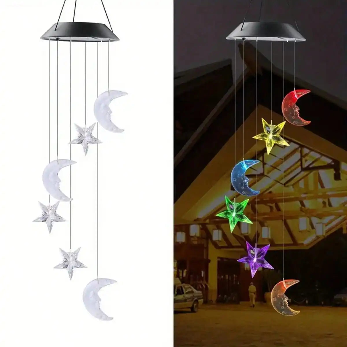 Home decor solar wind chimes with hanging LED moon and star light figures