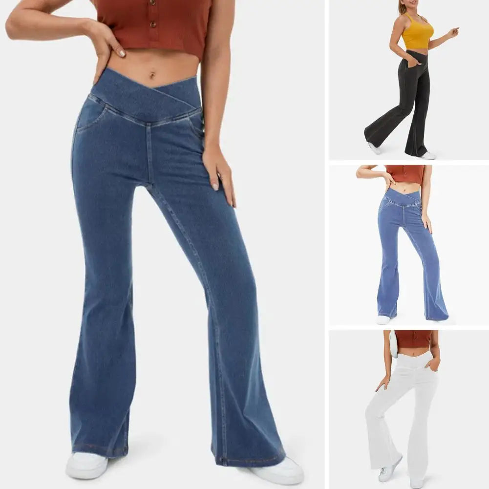 High-Waist Flared Jeans With Elastic Waist And Handy Pockets For Women