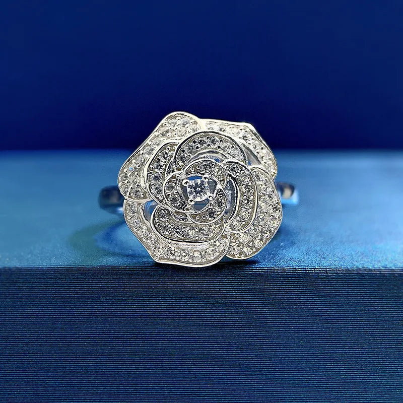 Lab-Grown Ring with Emerald-Cut Diamond Flower Core in Sterling Silver