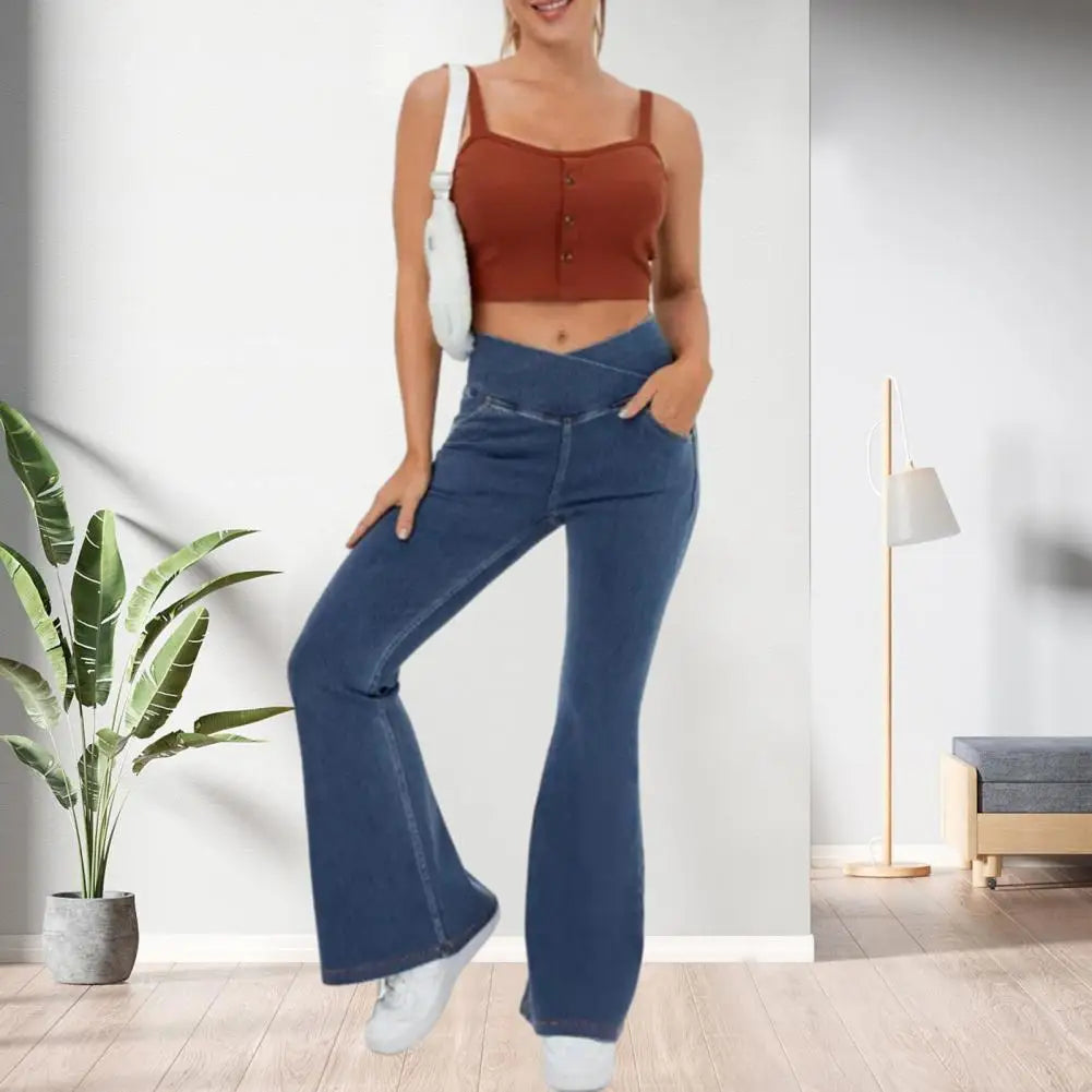 High-Waist Flared Jeans With Elastic Waist And Handy Pockets For Women