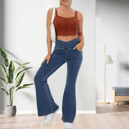 High-Waist Flared Jeans With Elastic Waist And Handy Pockets For Women