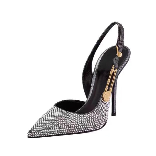 Pumps sequined slingback high heel shoes with rhinestone buckle and safety pin accent