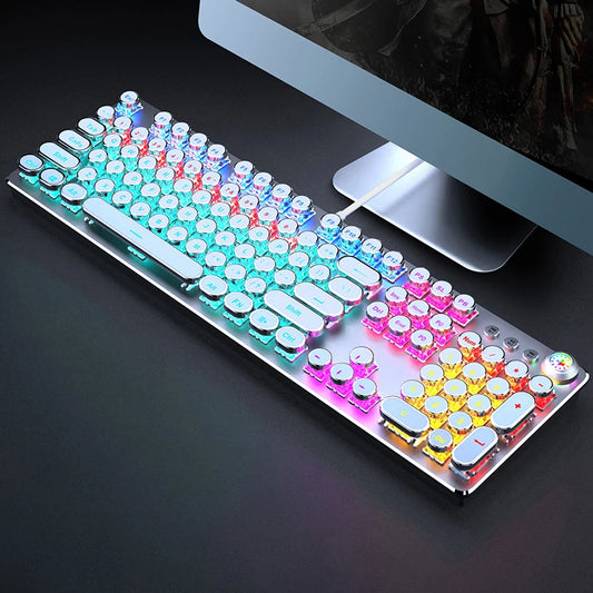 Retro mechanical keyboard with round transparent keycaps and multicolored RGB backlighting.