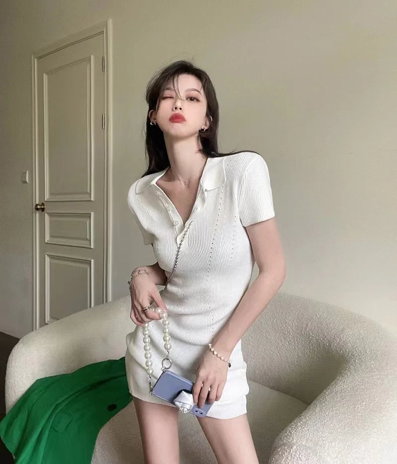 Breathable Polo Neck Knit Dress with Hollow Out Panels for Beachwear