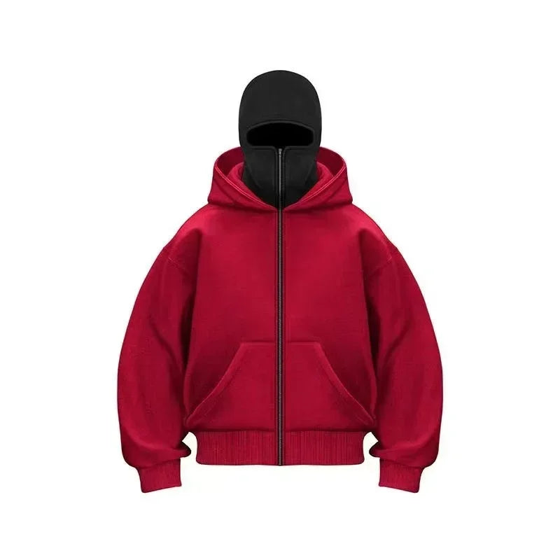 Unisex Cotton Blend Zip Hoodie With Built-In Hooded Face Mask For Cold Weather And Everyday Wear