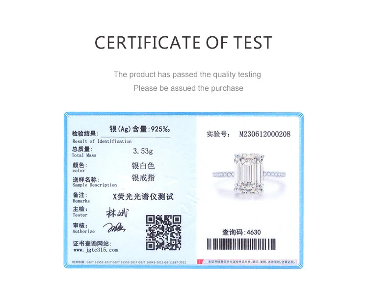 A certificate of quality test for a 925 sterling silver ring with a large rectangular gemstone.
