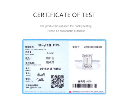 A certificate of quality test for a 925 sterling silver ring with a large rectangular gemstone.