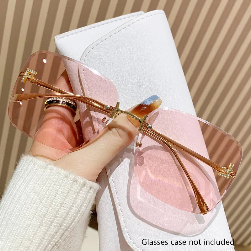 Featherlight Rimless Sunglasses Large Square Frame with Diamond Accent