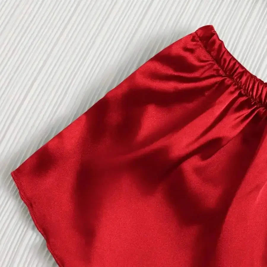 Three-Piece Satin Silk Sleepwear For Women Bride Red Breathable Lounge