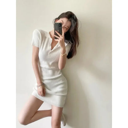Breathable Polo Neck Knit Dress with Hollow Out Panels for Beachwear