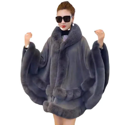 7 Women 2 Circle Fur Poncho Shawl Cloak With Hat Faux Fur Cape Big Pendulum Dovetail Cardigan Winter Warm Thick Loose Overcoat