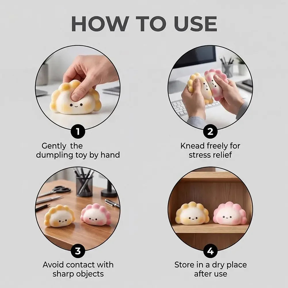 Soft yellow and pink dumpling squishy fidget toy for hand exercise and stress relief.